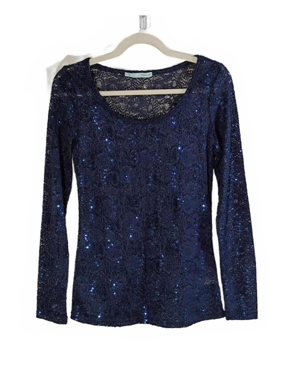 Maurices Navy Blue Lace Long Sleeve Top with Sequins Size S